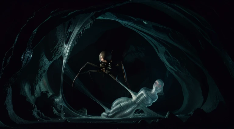 "(best quality,4k,highres),1 girl, trapped in a sticky, rubbery, slimy cocoon, being attacked by a massive spider in a cave filled with spider webs. [dark, creepy], [surreal, dreamlike], eerie lighting"