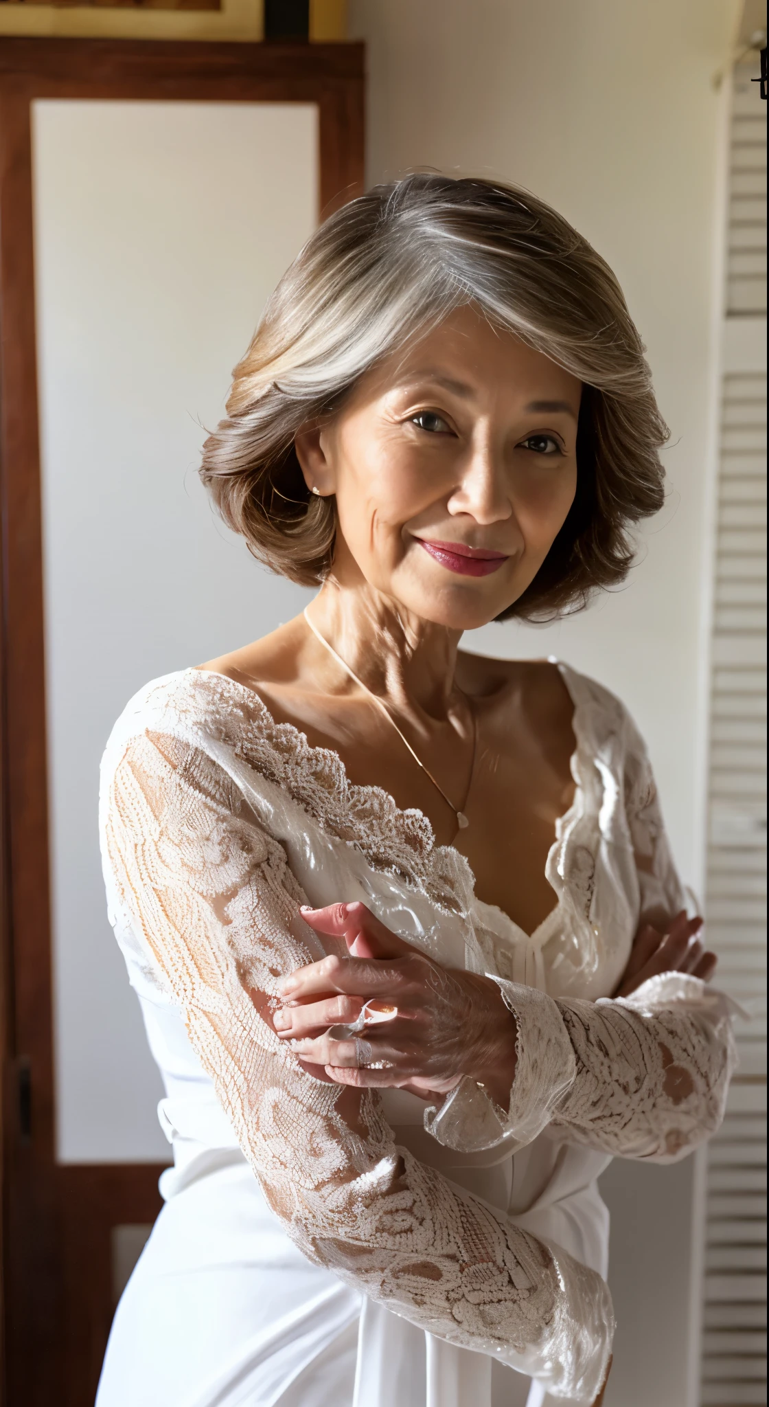 (((Solo))), Elderly Mature Woman, Pure white background, gravure, facing front, ((Center the screen)), Wearing a small bra, Correctly depict lips,red-lips, Fancy makeup, from the chest up, masuter piece, Best Quality, Ultra-detailed, Photorealistic, Ultra-detailed細なスキン, Perfect Anatomy, (1 japanese mature woman), (Positive), 95 years old, Tremendous big, elderly fashion model, glamor, A sexy, Chromo-white skin, Looking at Viewer,