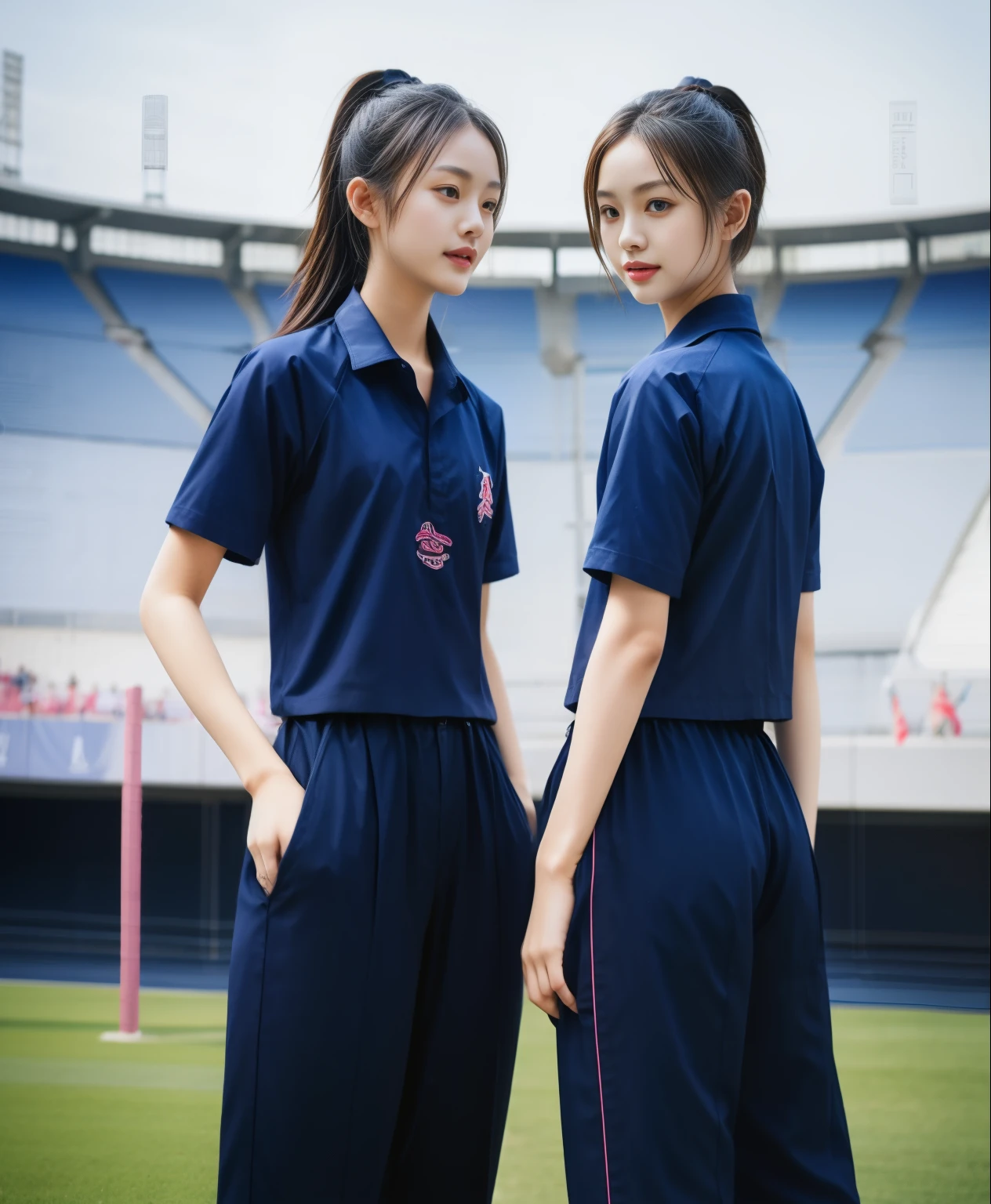 (bestquality,10,10,highres,masterpiece:1.2),ultra-detail,(Realistic,ภาพRealistic,photo-realistic:1.37),1 Cute girl in the football field,oily shiny skin,bara,light smile,BDclothelue shirt:1.3)),short sleeves,shirt, trousers.,(navy_long_ติดตามtrousers:1.1), ((Stadium Background:1.3)),dynamic angle,excited,face focus,Dynamic Poses,from behide,Ass Focus,masterpiece, bestquality, ultra realistic, hyper-detail, 8k resolution, RAW photo, crisp focus, ((Navy blue shirt:1.1)), short sleeves, เส้นทางlong, Complete bodyแบบ, 2 mature women, 18yo, cinematic light,trousersวอร์มสีน้ําเงิน,Gymware,Correct anatomy,Complete body, Correct body, sharp face, Correct bodyทางกายวิภาค, full entire body, Realistic gestures, long-haired, Realistic poses,Wear long shorts..............................,ช่วงขาlong,Shapely,Sculpting Girl, Slender Figure, mannequin mannequins, Shapely, Beautiful body,trousersวอร์มสีน้ําเงิน, Two girls kissing