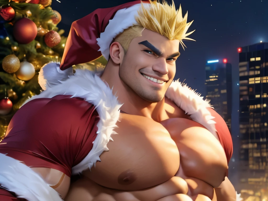 (top-quality:1.1), (​masterpiece:1.1), a blond, (spiky hair:1.2), (macho:1.2), (Huge body:1.5), thick eyebrow, short stubble, santa costume, A smile, Christmas Night City, (japanes:1.1), 年轻, A smile, Looking at the camera