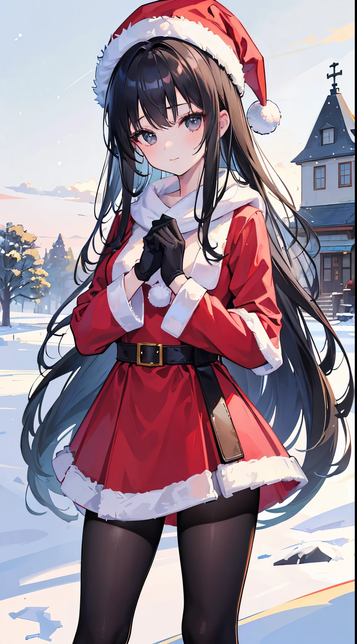 (8K、Top image quality、top-quality、masterpiece)、A detailed face、1 girl in、A dark-haired、Long、black eyes、A slight smil、Moderately breasts、Santa Hat、santa costume、a miniskirt、black pantyhose、cowboy shot、((natta))、outside of house、snowy background