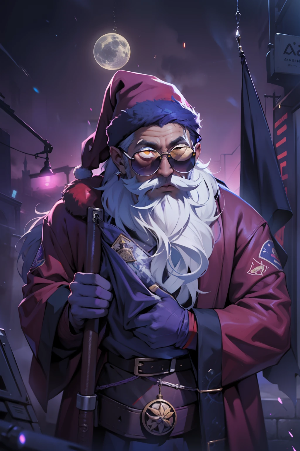 arafed image of a santa claus with sunglasses and a purple banner, actual photo, 🇺🇦, 🚿🗝📝, real atmosphere, real photo, 🐝👗👾, stu_dts, the best ever, purple magic, real ungine, crazy atmosphere, inspired by Sava Šumanović, purple glow, leon tukker, hannover