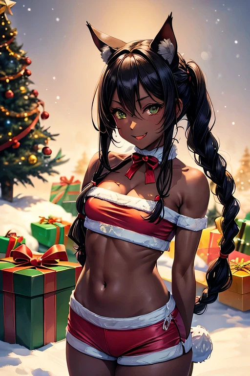 nsfw、masterpiece、best quality、(((super detailed dark skin)))、full body shot、(sexy pose:1.3)、1catgirl、(((adult woman)))、jadegreen eyes、dark bodyskin、cat ears、horse tail、hair/(braided side pigtails)、flipped hair、midnight black hair、cleavage、(arms free)、(shoulders free)、(neck free)、top/(small torn christmas top:1.3)、hotpants/(small tight christmas hotpants)、standing outdoors in snowy、background/(christmastree with presents)、cheeky smile、sticking tongue out