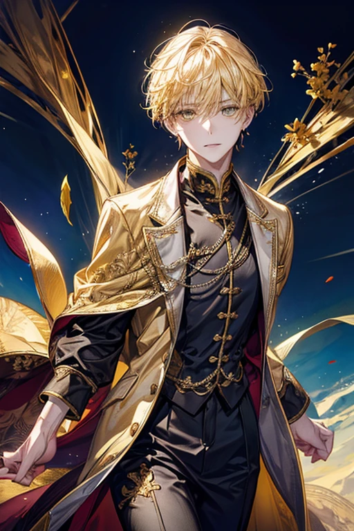 ((masterpiece:1.2、top-quality))、1male people(((straight short hair、golden yellow hair)))、Yellow eyes(a handsome:1.4)、long eyelashes、Fantasia、校服、royalty、blooming flowers、sunlights、royal hall hall、 Detailed background, 拡散sunlights、extra detailed face、A smile、best qualtiy, A sexy、Tall