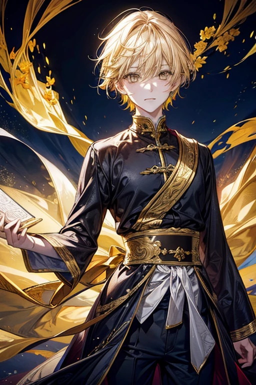 ((masterpiece:1.2、top-quality))、1male people(((straight short hair、golden yellow hair)))、Yellow eyes(a handsome:1.4)、long eyelashes、Fantasia、校服、royalty、blooming flowers、sunlights、royal hall hall、 Detailed background, 拡散sunlights、extra detailed face、A smile、best qualtiy, A sexy、Tall