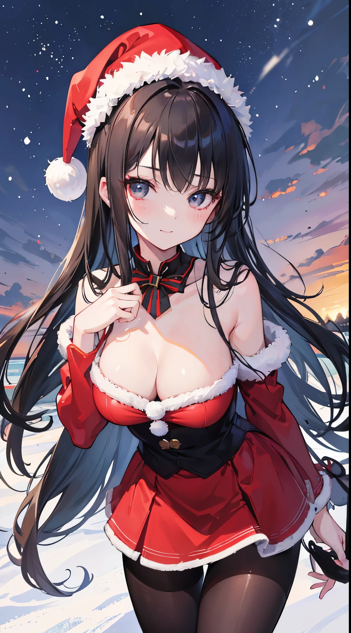 (8K、Top image quality、top-quality、​masterpiece)、A detailed face、1 girl in、A dark-haired、Long、black eyes、A slight smil、Moderately breasts、Santa Hat、santa costume、a miniskirt、black pantyhose、cowboy  shot、((natta))、outside of house、snowy background