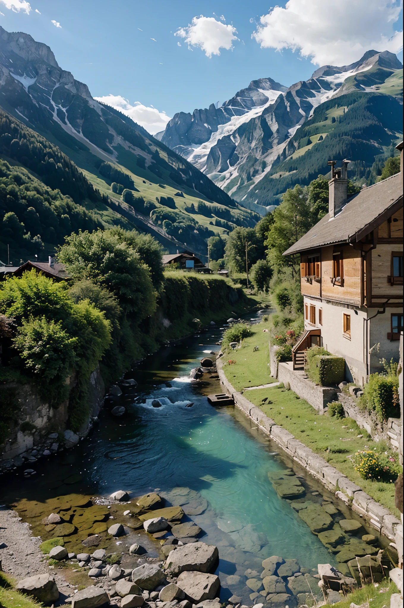 Beautiful mountains in Switzerland,two small faraway cottages, small river going through mountains