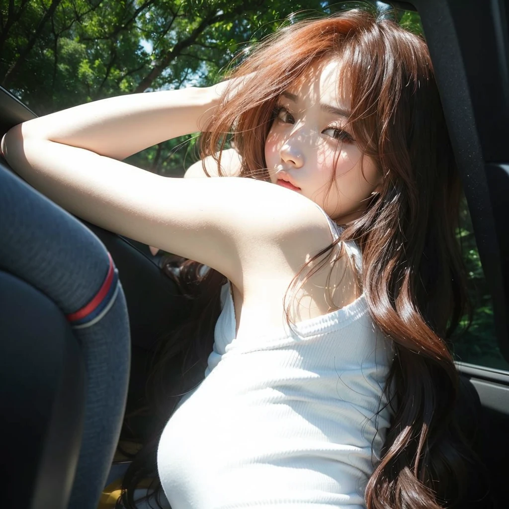La mejor calidad, cabello super detallado, mujer con ojos cerrados, mujer araffada sentada en un auto con la cabeza apoyada en el brazo, sentada en su auto, caliente con sol brillante, Chica coreana, beautiful south Mujer coreana, driving, Parque Ji-min, JIA, Sun Yunjoo, Heonhwa Choe, ulzzang, Mujer coreana, beautiful young Mujer coreana, Jinyoung Shin, gorgeous young Mujer coreana, sleepy expression