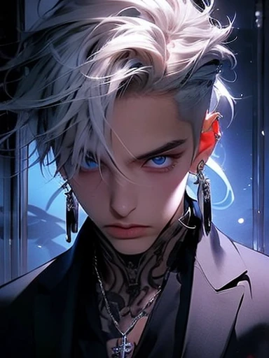 silber hair、White hair、Deities々Please wear a new aura、wear cross earrings、Cross Accessories、gazing at viewer、have a cross、wearing robe、Blue eyes、Wearing a blue aura、With crosstantastic background、Cute guy、Best image、​masterpiece、Fantastical、