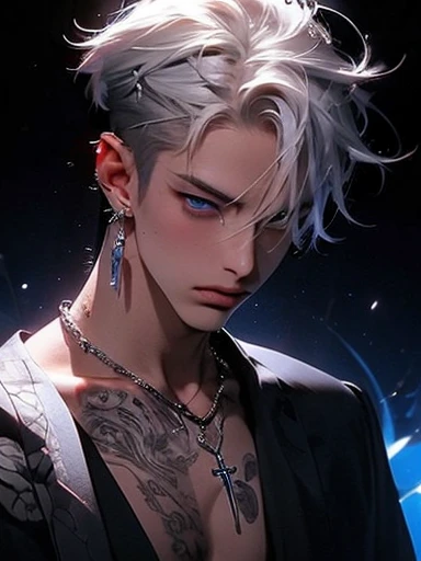 silber hair、White hair、Deities々Please wear a new aura、wear cross earrings、Cross Accessories、gazing at viewer、have a cross、wearing robe、Blue eyes、Wearing a blue aura、With crosstantastic background、Cute guy、Best image、​masterpiece、Fantastical、
