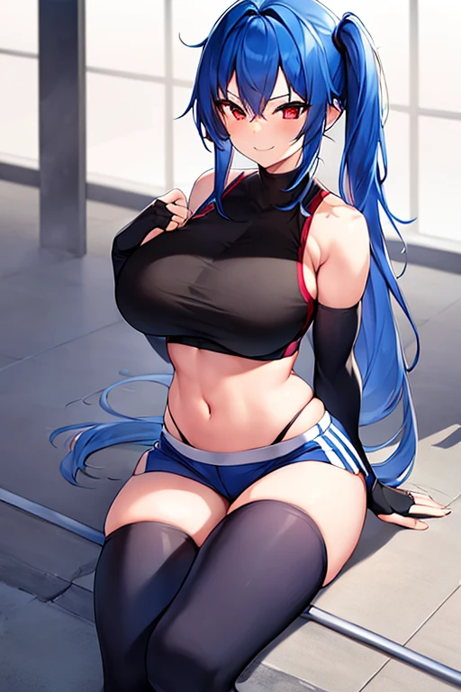 1girl, breasts, large breasts, wide hips, blue hair, long hair, red eyes, smirk, smile, smug, sports bra, black sports bra, sportswear, black shorts, fingerless gloves, thighhighs, blue trim, full body, ((full body))