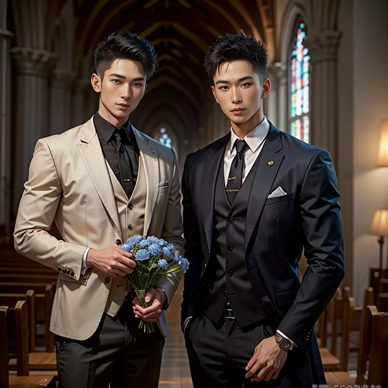 k hd,8K分辨率,professional photoshooting,profesional lighting,two very attractive men,30 age old,brush cut,ssmile,tall and fit,cool guy,A person holds a bouquet of blue roses in his hand,elegant suit,Impressive appearance,In a luxurious and modern cathedral,The church was full of people and it was a happy, Perfect and highlight moments of their lives.,H super cannon,细节delicated完美,best qualityer,delicated,highly detailed。超高分辨率,Complicated detailinely detailled,physically-based renderingt,Good balance,edge lit,tack sharp focus,photograph of-realistic,photorealistic art,HDR,realistic model
