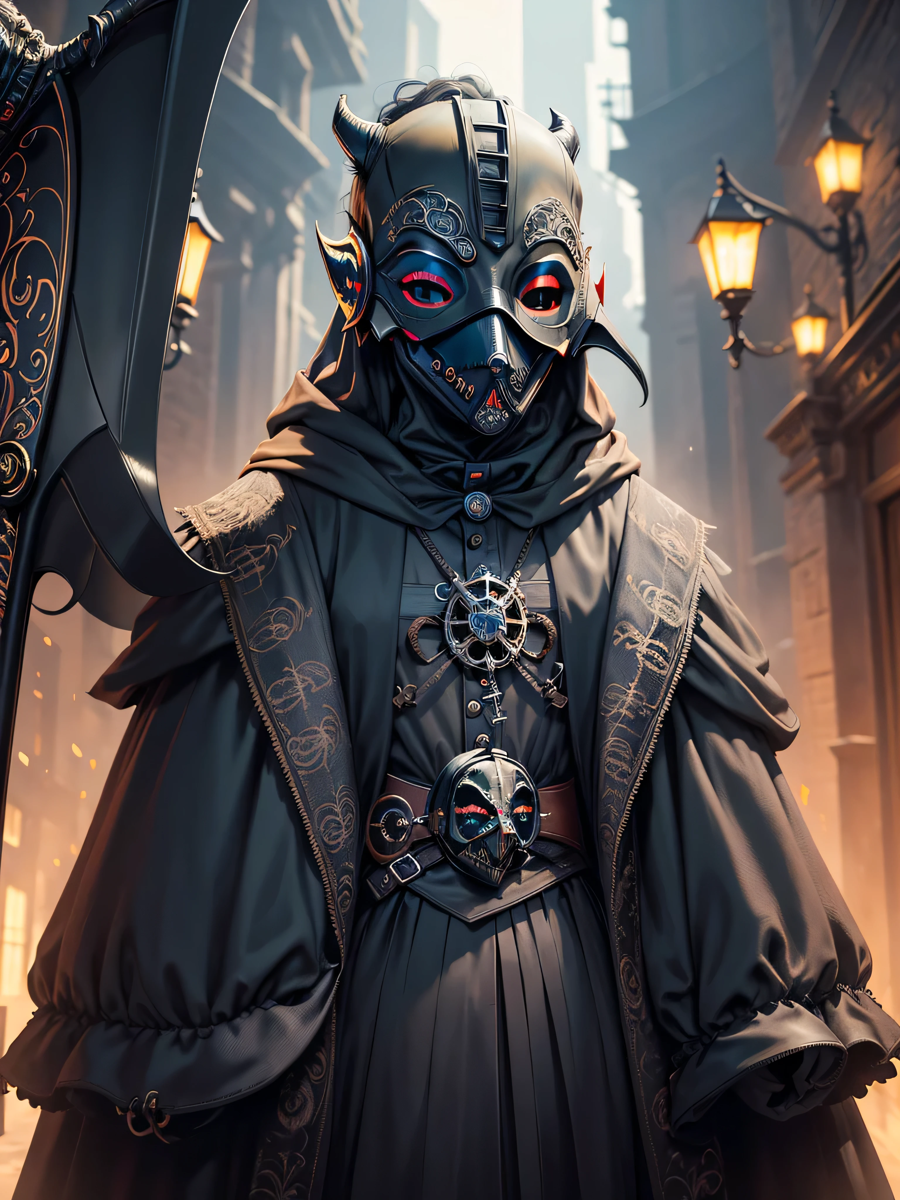 extremely detailed, hyper realistic, Cinmatic, (Wearing ultra detailed plague mask:1.5),(plague doctor), (Grim reaper:1.3), (death scythe:1.3), high tech grim reaper holding a high tech long baroque scythe, standing under mooligh, More Detail, ultrarealism, cinematic, ultra high definition, hyper realistic,Cyberpunk,demonictech,more detail XL,Obsidian Enigma Art Style,Cybermask
