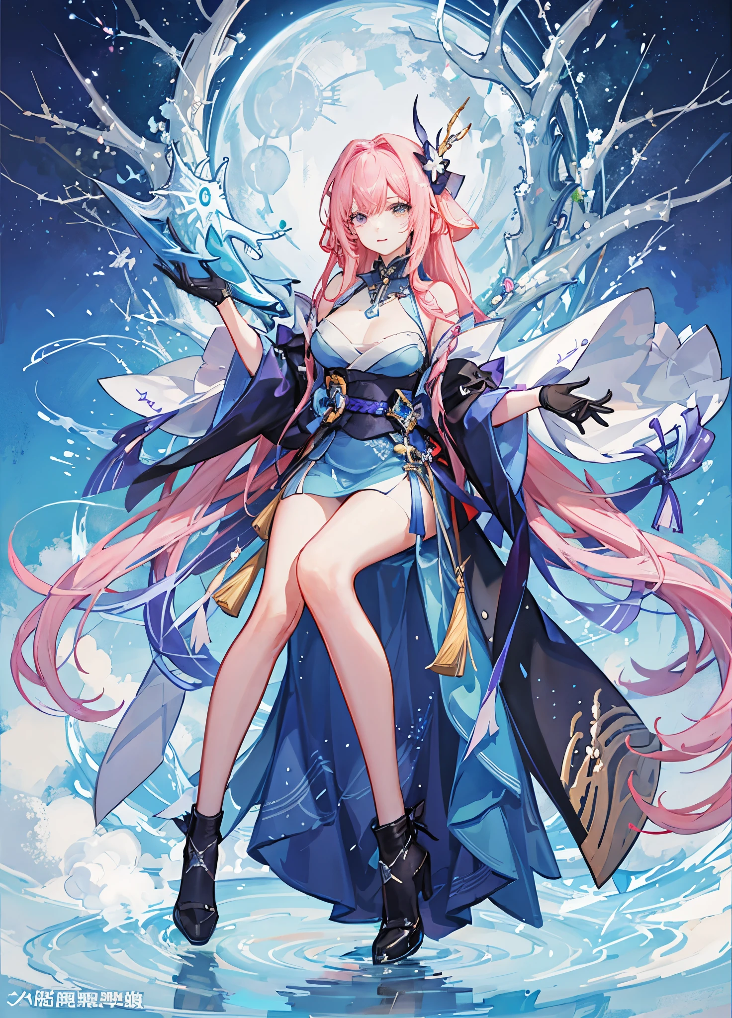 anime figure,Long red head,a blue dress,with sword, genshin impact冲击角色, Starting from the night of the ark, 《genshin impact》Ke Qingyu, lunar themed attire, pink haired god, Kushatkrenz Important Women in the Arts, 绫香genshin impact冲击, portrait zodiac knight girl, Cute anime waifu wearing nice clothes, zodiac knight girl, light blue armor