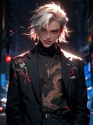 silber hair、White hair、Deities々Please wear a new aura、wear cross earrings、Cross Accessories、gazing at viewer、have a cross、wearing robe、Blue eyes、Wearing a blue aura、With crosstantastic background、Cute guy、Best image、masterpiece、Fantastical、
