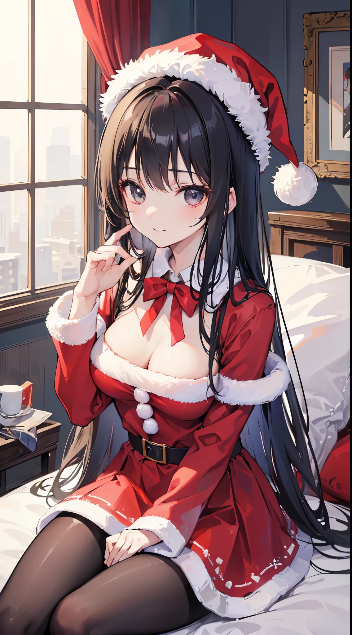 black hair,black eyes, long hair, blush, red capelet, christmas, santa dress, capelet, dress, fur-trimmed capelet, santa costume, santa hat, red dress, red headwear, bangs, breasts, fur-trimmed dress, hat, fur trim, upper body, masterpiece, best quality,(((blush,orgasm,pleasure,embarassed)))