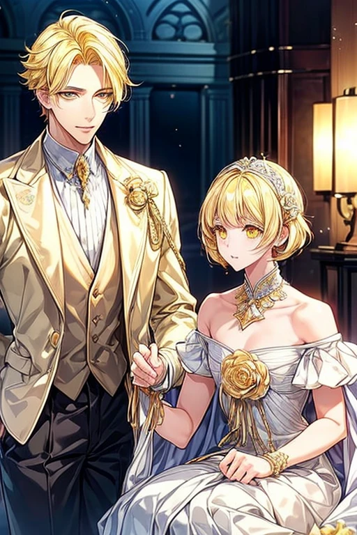 ((masterpiece:1.2、top-quality))、1male people(((straight short hair、golden yellow hair)))、Golden Eyes(a handsome:1.4)、long eyelashes、Fantasia、校服、royalty、blooming flowers、sunlights、royal hall hall、 Detailed background, 拡散sunlights、extra detailed face、A slight smil、Depiction in motion、Tホテルのmasterpiece,best qualtiy,As a man-、アニメa handsomeな男,Wearing strict royal attire, white and gold royal costume, a handsomeなアニメのポーズ, a handsomeな見事なリアルな,eyes are golden、A sexy、Tall、190cm、manly、handsome man、Beautiful shape、Best style、