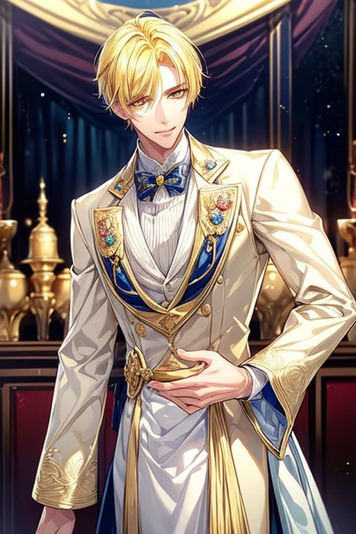((masterpiece:1.2、top-quality))、1male people(((straight short hair、golden yellow hair)))、Golden Eyes(a handsome:1.4)、long eyelashes、Fantasia、校服、royalty、blooming flowers、sunlights、royal hall hall、 Detailed background, 拡散sunlights、extra detailed face、A slight smil、Depiction in motion、Tホテルのmasterpiece,best qualtiy,As a man-、アニメa handsomeな男,Wearing strict royal attire, white and gold royal costume, a handsomeなアニメのポーズ, a handsomeな見事なリアルな,eyes are golden、A sexy、Tall、190cm、manly、handsome man、Beautiful shape、Best style、