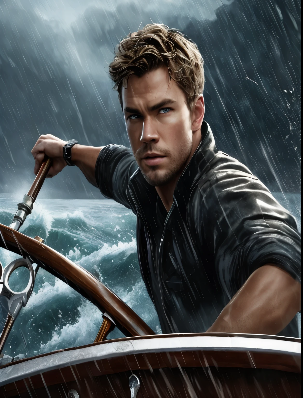 stands on the rocky shoreline in front of his small fishing boat, dramatic artwork, key art, hd artwork, male art, fan art, 4k detailed digital art, background artwork, digitally painted, by Thomas Dalziel, tom richmond illustration, chris hemsworth portrait, 4k art, 4k highly detailed digital art, high quality wallpaper