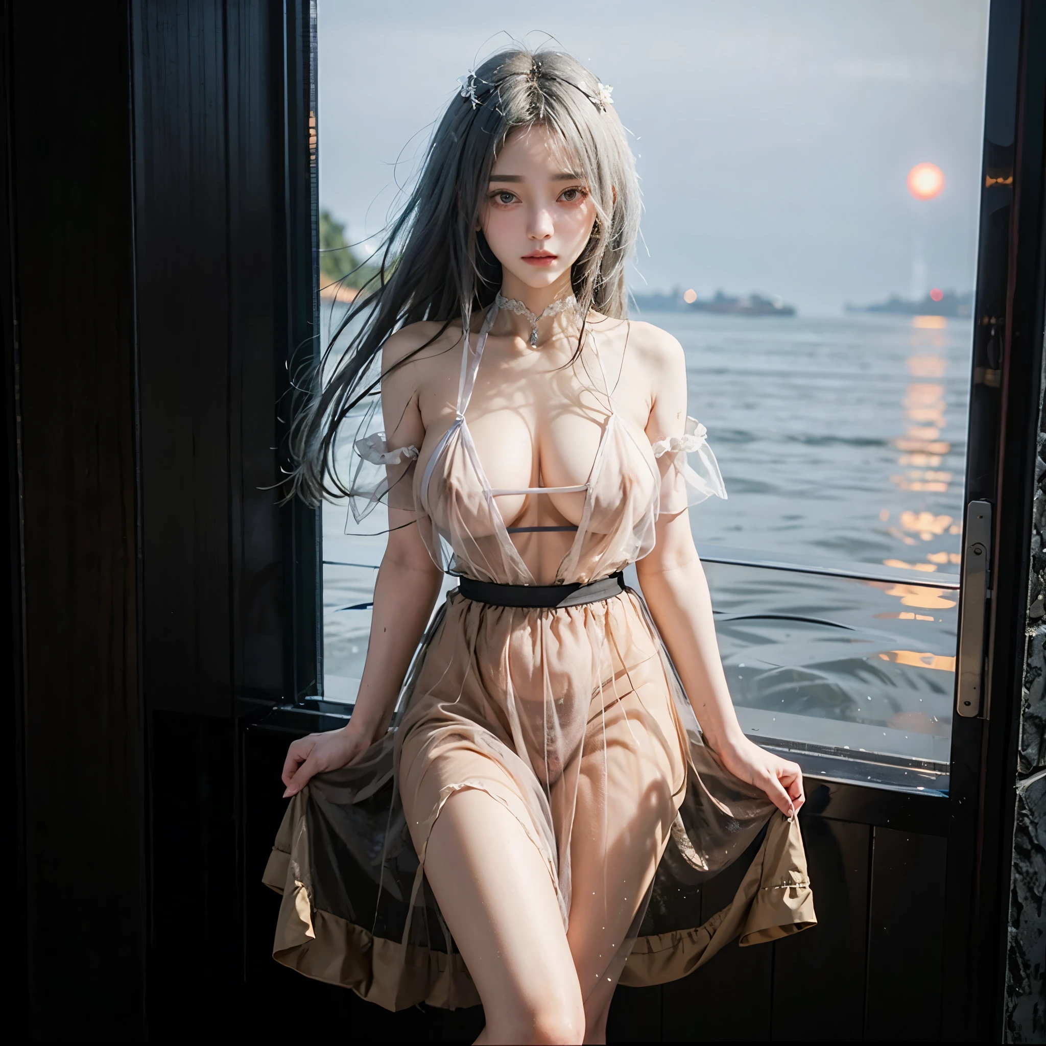 (tmasterpiece, Best quality at best), ((1 Sister, Alone, Long gray hair)), ishmael_limbus, An innocent expression, arma, bshoulder, rapeseed, Eaucolor, sun skirt, liquid clothes, Eau, 汹涌的The large海, Eau dress, blue_The subject, natta, thin fog, Dark, Focus sharp, The large, White transparent dress, orange color hair