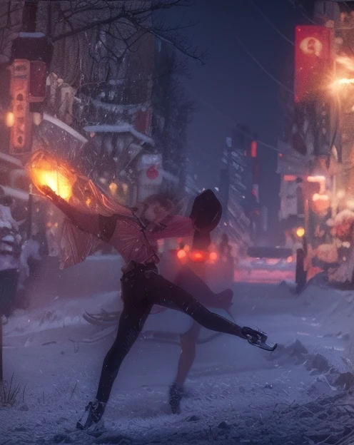Winter Christmas, heavy snow, dancing in the snow, crowds gathered, sci-fi cyberpunk