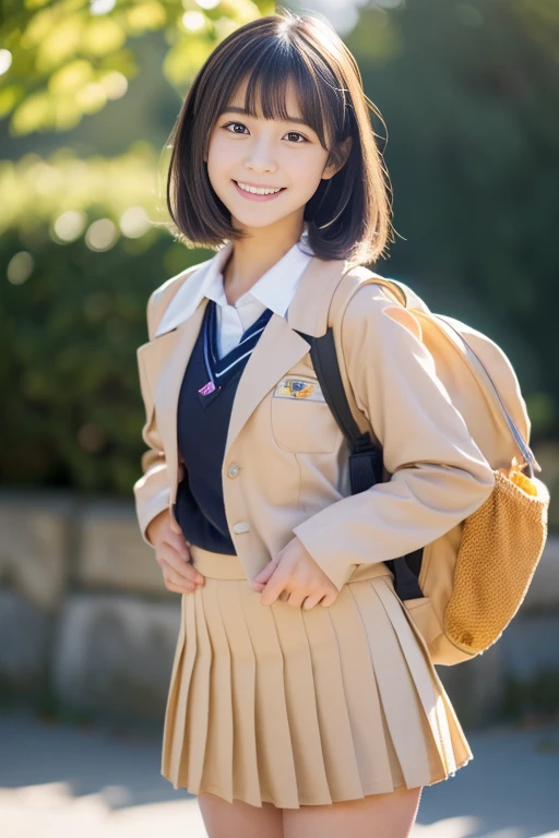 (((masterpiece))), (One beautiful Japan girl, classmates, landscape and innocence,kawaii) ,超A high resolution, Realistic, ultra-detailliert, 8K,top-quality, Extremely detailed, Detailed background,A slender,very beautiful japanese girl, Detailed face:1.3), (Boyish short-haired,A dark-haired :1.4), (a ,kawaii系,adorable 14 year oPerfect body:1.1), (Brown blazer, light brown pleated mini skirt), The best smile,Show your beautiful teeth,Super Detailed Face、Detailed lips、A detailed eye、small gravure idol,Transparent skin、Lori,Japanese high school uniform with the school emblem on the chest,Carrying a backpack