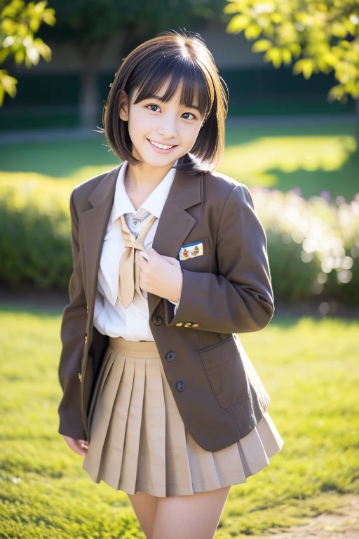 (((masterpiece))), (One beautiful Japan girl, classmates, landscape and innocence,kawaii) ,超A high resolution, Realistic, ultra-detailliert, 8K,top-quality, Extremely detailed, Detailed background,A slender,very beautiful japanese girl, Detailed face:1.3), (Boyish short-haired,A dark-haired :1.4), (a baby face,kawaii系,adorable 14 year old girl), (Perfect body:1.1), (Brown blazer, light brown pleated mini skirt), The best smile,Show your beautiful teeth,Super Detailed Face、Detailed lips、A detailed eye、small gravure idol,Transparent skin、Lori,Japanese high school uniform with the school emblem on the chest,Carrying a backpack