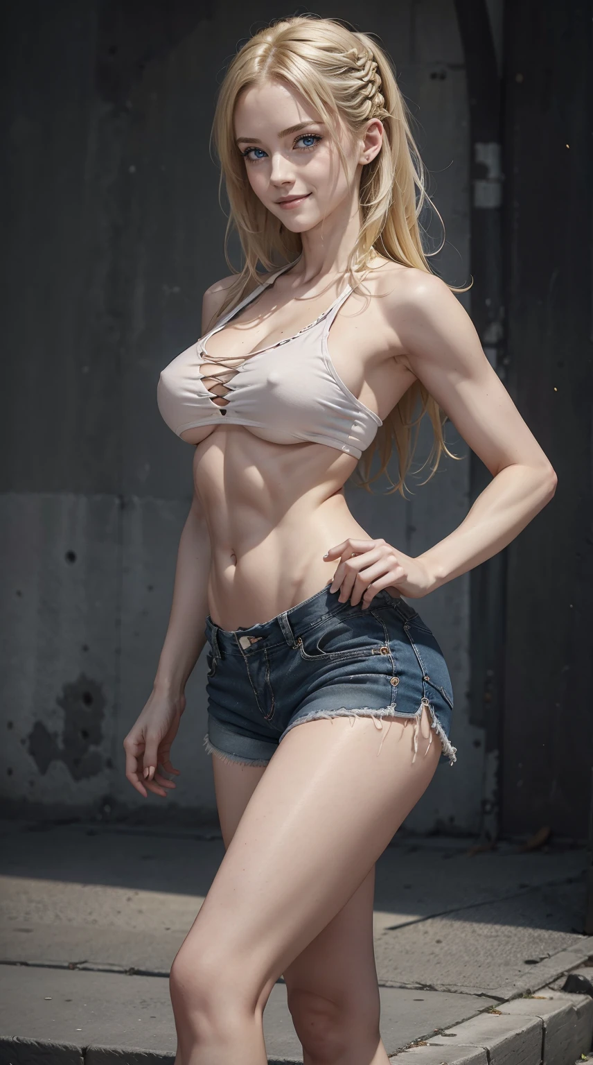 26 year old white woman、Hair is blonde、Eye color is blue、Longhaire、Slender but well-proportioned muscular body、My abs are cracked、I can see the belly button、She is wearing a T-shirt that shows her underboob.、I'm wearing bermuda shorts、I'm wearing lace-up sandals、a smile、studio shoot