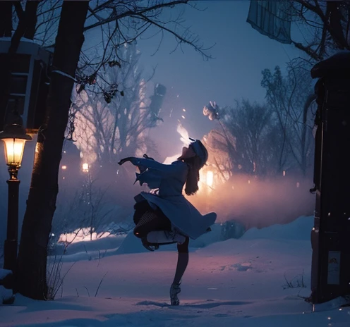 Winter Christmas, heavy snow, dancing in the snow, crowds gathered, sci-fi cyberpunk