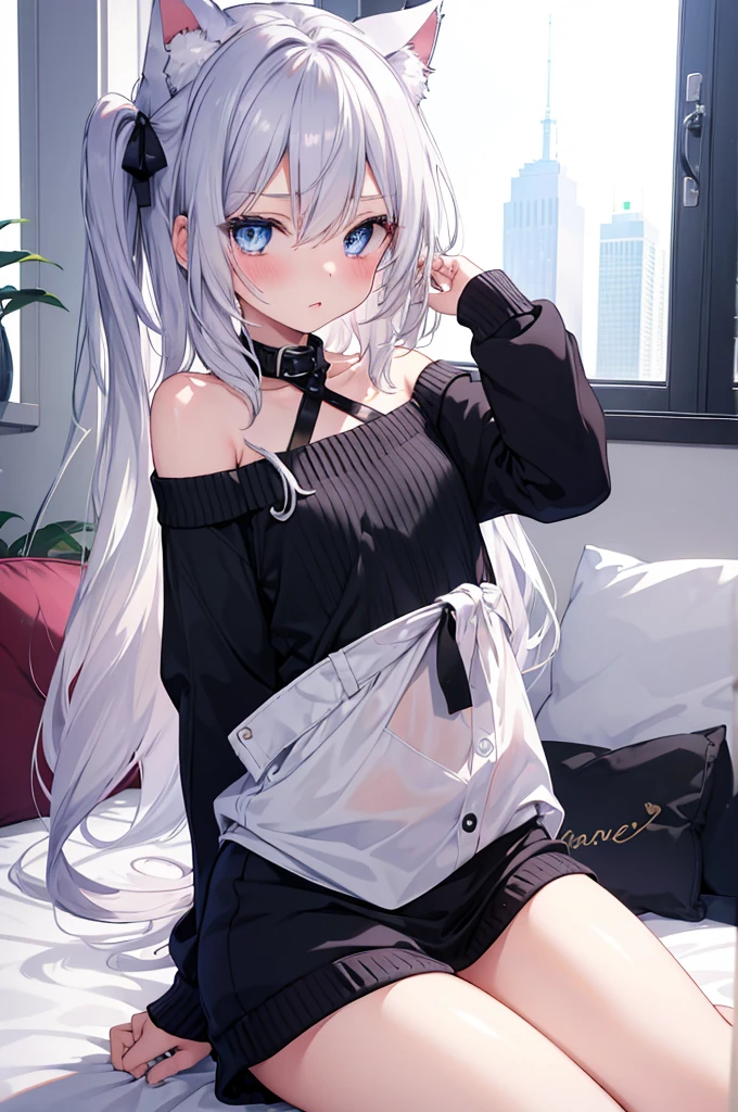best quality, ultra precision, 1girl, cute, little girl, young, boyish, childish, small breasts, silver hair, cat ears, blue eyes, beautiful eyes, girl, ecstasy, sailor collar, estrus, metestrus, start to undress, naughty mood, she loves you, lost virgin, virgin, blush, sexy, beautiful skin, big bow on chest I'm not wearing panties BLUE SWEATER, BLACK SHIRT, SHIRT UNDER SWEATER, OFF SHOULDER TOP) Tsundere spread legs