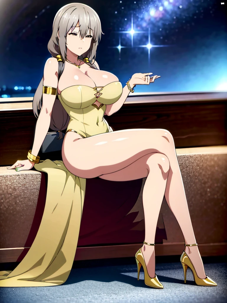 solo, 1girl, older female, mature female, TsukiUzakiR4 , sitting at outdoors night bar with starry sky. closed eyes, hair over one eye, long silver hair, medium grey hair, thicc, huge ass, huge thighs, huge breasts, posterior cleavage, open-back dress, jewelry, shiny golden sequin dress, neon earrings, glowing armlet, sparkling bracelet, smoky eyeshadow, glittery high heels, expensive handbag, full body, beautiful detailed face, detailed body, detailed outfit, ultra-detailed masterpiece, best quality, highres, absurdres, high quality, high detail, cinematic lighting