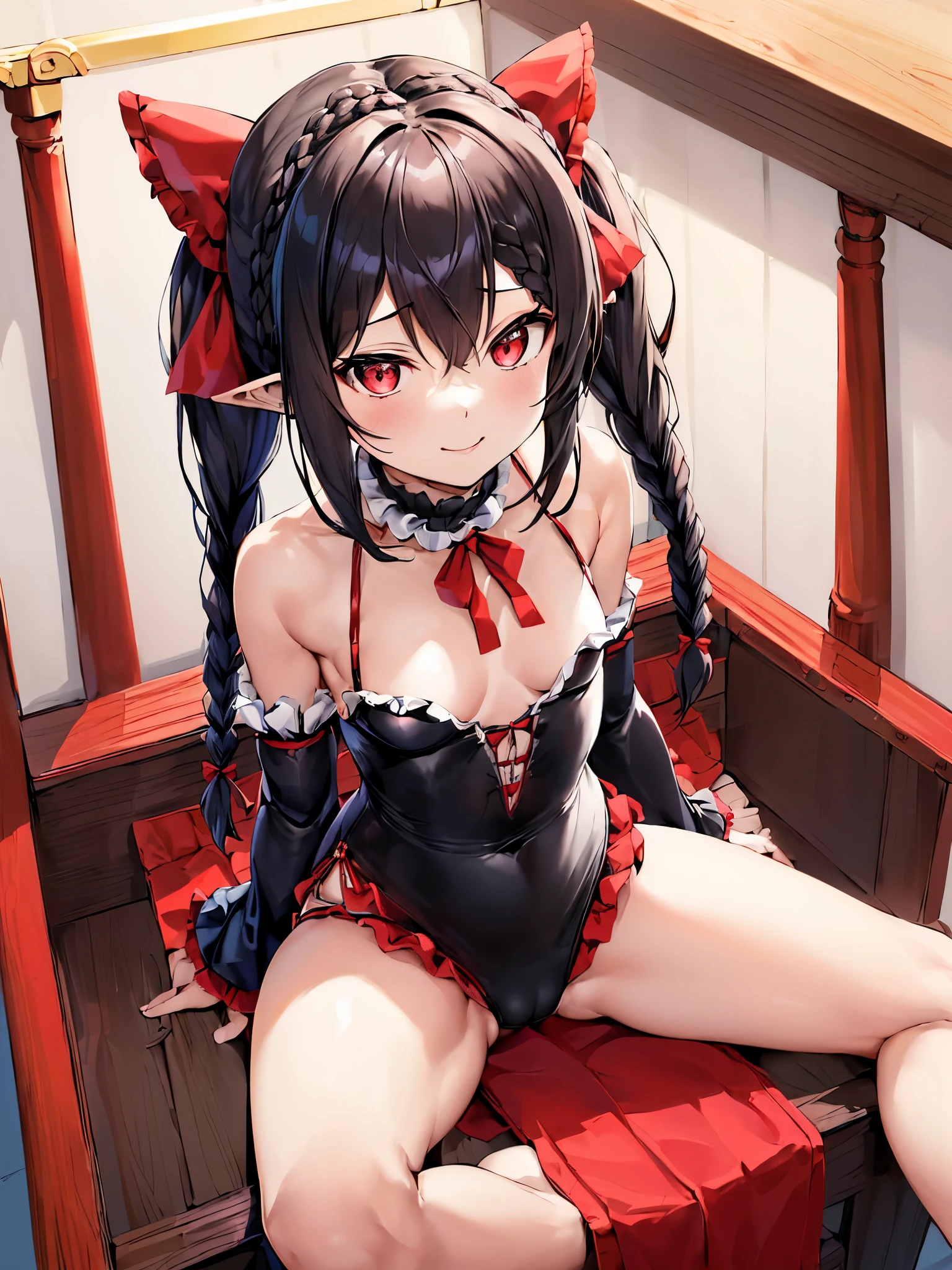 masutepiece, Best Quality, hight resolution, Arkururu, Long hair, two side up, Hair Ornament, pointy ear, Small breasts, frilled choker, Red bow, Bare shoulders, Black Dress, Detached sleeves, sleeves past wrists. thighs thighs thighs thighs, a throne, Sitting, crossed legs, Smile,((less area underwear))、((Sit and spread your legs wide、Angle from which you can see the whole body)) 、((small curvy ))、Shoujo Mangacore、(((Complex hairstyle)))、(((short braiding)))、魅惑的:1.5、NSFW:1.5