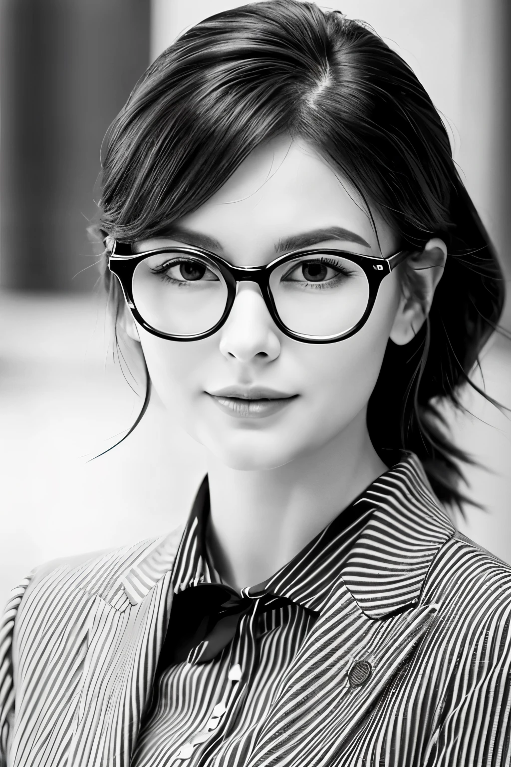 Generate a line art logo of a woman wearing glasses, exuding elegance and sophistication. The lines should be delicate, capturing a refined impression in the woman's hairstyle and facial expression. Ideally, the logo should be in a square shape, contained within a tight frame.
