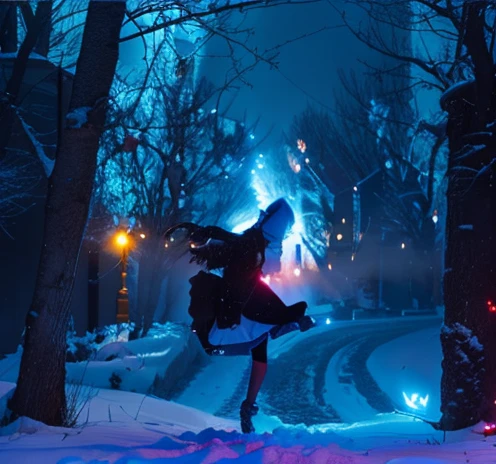 Winter Christmas, heavy snow, dancing in the snow, crowds gathered, sci-fi cyberpunk