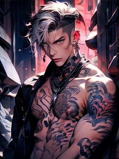 silber hair、White hair、Deities々Please wear a new aura、wear cross earrings、Cross Accessories、gazing at viewer、have a cross、wearing robe、Blue eyes、Wearing a blue aura、With crosstantastic background、Cute guy、Best image、masterpiece、Fantastical、