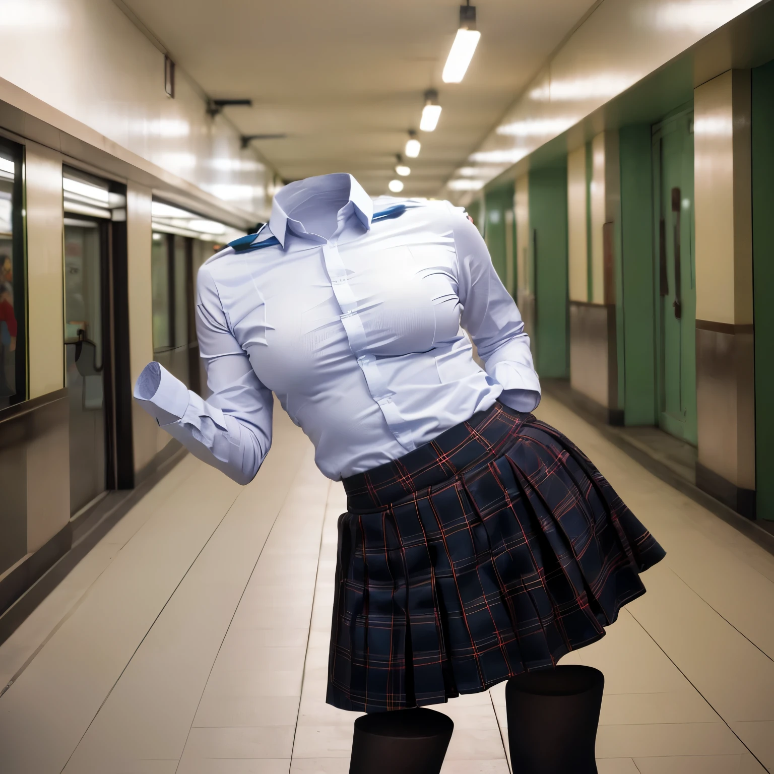 (back bend:1.3), chubby,fat, train station, stripe school tie, school uniform, plaid skirt, (invisible, no humans, headless, faceless:1.2), cute big breasts, close up to breasts, (8k, RAW photo, best quality, masterpiece:1.2), (realistic, photo-realistic:1.37), photon mapping, radiosity, ((Hasselblad photography)), physically-based rendering