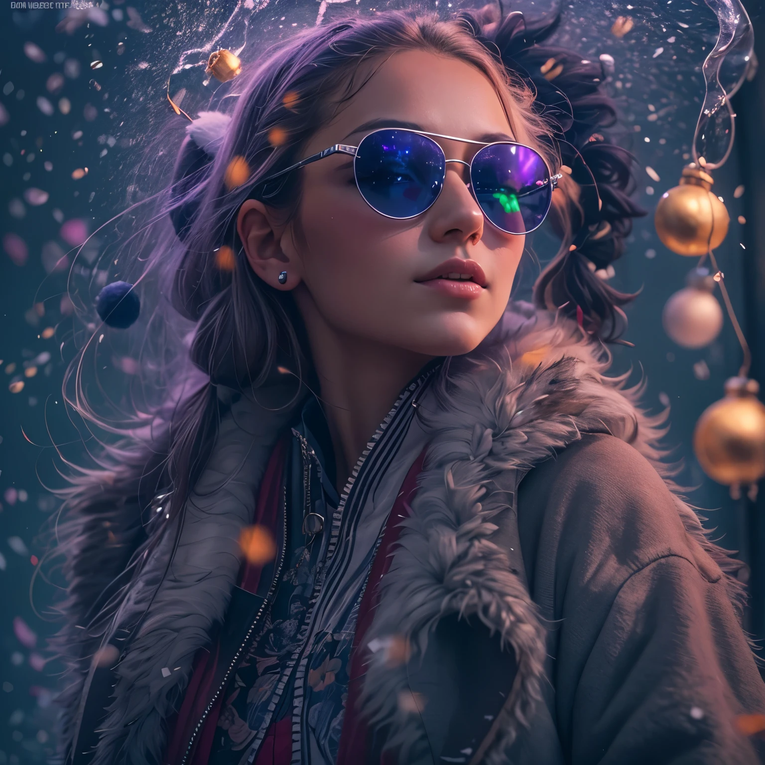 arafed image of a girl santa claus with sunglasses and a purple banner, actual photo, 🇺🇦, 🚿🗝📝, real atmosphere, real photo, 🐝👗👾, stu_dts, the best ever, purple magic, real ungine, crazy atmosphere, inspired by Sava Šumanović, purple glow, leon tukker, hannover