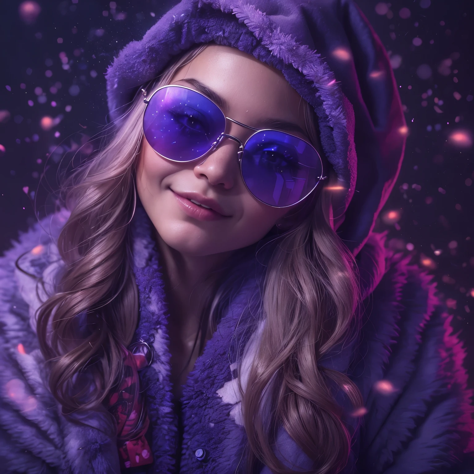 arafed image of a girl santa claus with sunglasses and a purple banner, actual photo, 🇺🇦, 🚿🗝📝, real atmosphere, real photo, 🐝👗👾, stu_dts, the best ever, purple magic, real ungine, crazy atmosphere, inspired by Sava Šumanović, purple glow, leon tukker, hannover