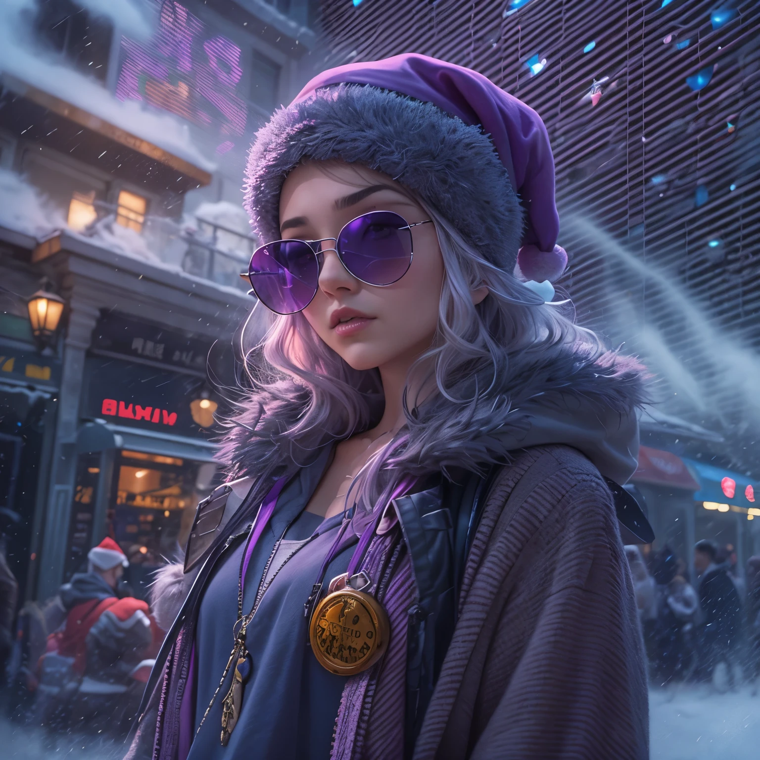 arafed image of a girl santa claus with sunglasses and a purple banner, actual photo, 🇺🇦, 🚿🗝📝, real atmosphere, real photo, 🐝👗👾, stu_dts, the best ever, purple magic, real ungine, crazy atmosphere, inspired by Sava Šumanović, purple glow, leon tukker, hannover