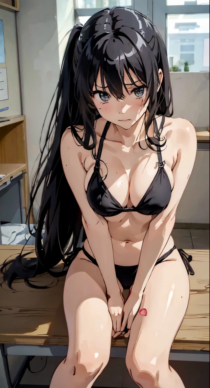 聚焦在Both legs直接,Both legs、There is a lot of white liquid on the long black hair、(tmasterpiece、quality、the detail、超高分辨率、8K、Beautifully detailed lighting、Very beautiful girl、very long black hair,female high-school student、Clothed only in bikini、cleavage display、 at class room、sitting on the classroom desk,There are school bags, llight rays, Glow, upper legs, 鎖骨, Willow waist、pony tails, Open, Be red in the face, cosmetics, provocation, navel、sweat profusely、1 girl in、黑The eye、Sleeping on the Bed、Red blush、embarrassed from、((horrified expression))、bareless、compulsive、Loved it very much、Sexual facial expressions seen from above、Perfectly trimmed fingers,don't have clotheull body photo,細長的upper legs,Spread your legs,drools,messy hair,half-open bikini。Put one hand between your legs,There are tears in the corners of the eyes,There are swirling lines inside the eyes,Tsundere,body up and down,Strenuous movements、Hand repair