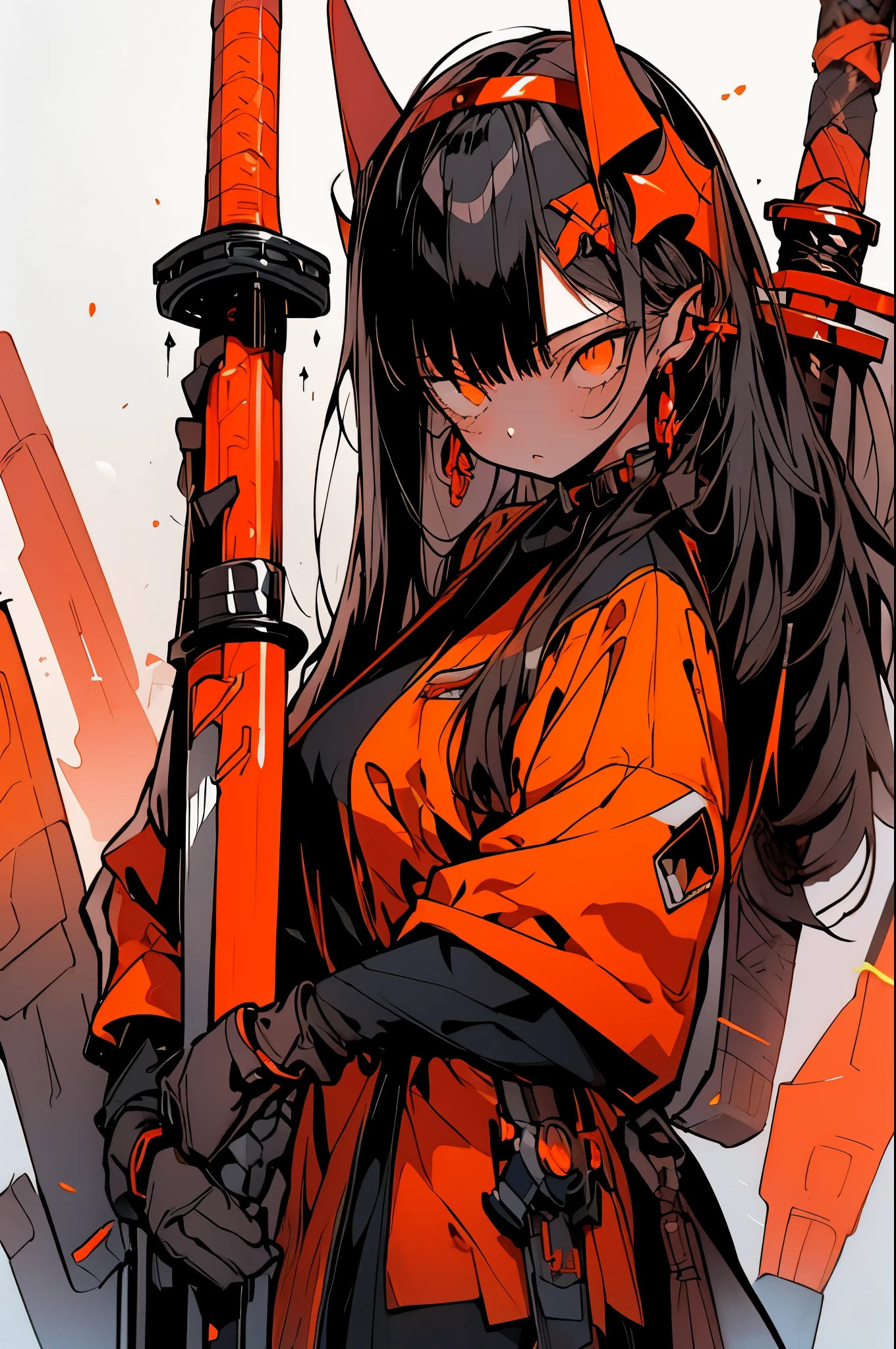 mecha_musume, 1girl, long_hair, science_fiction, weapon, sword, holding_sword, orange_eyes, solo, headgear, holding_weapon, mecha, standing