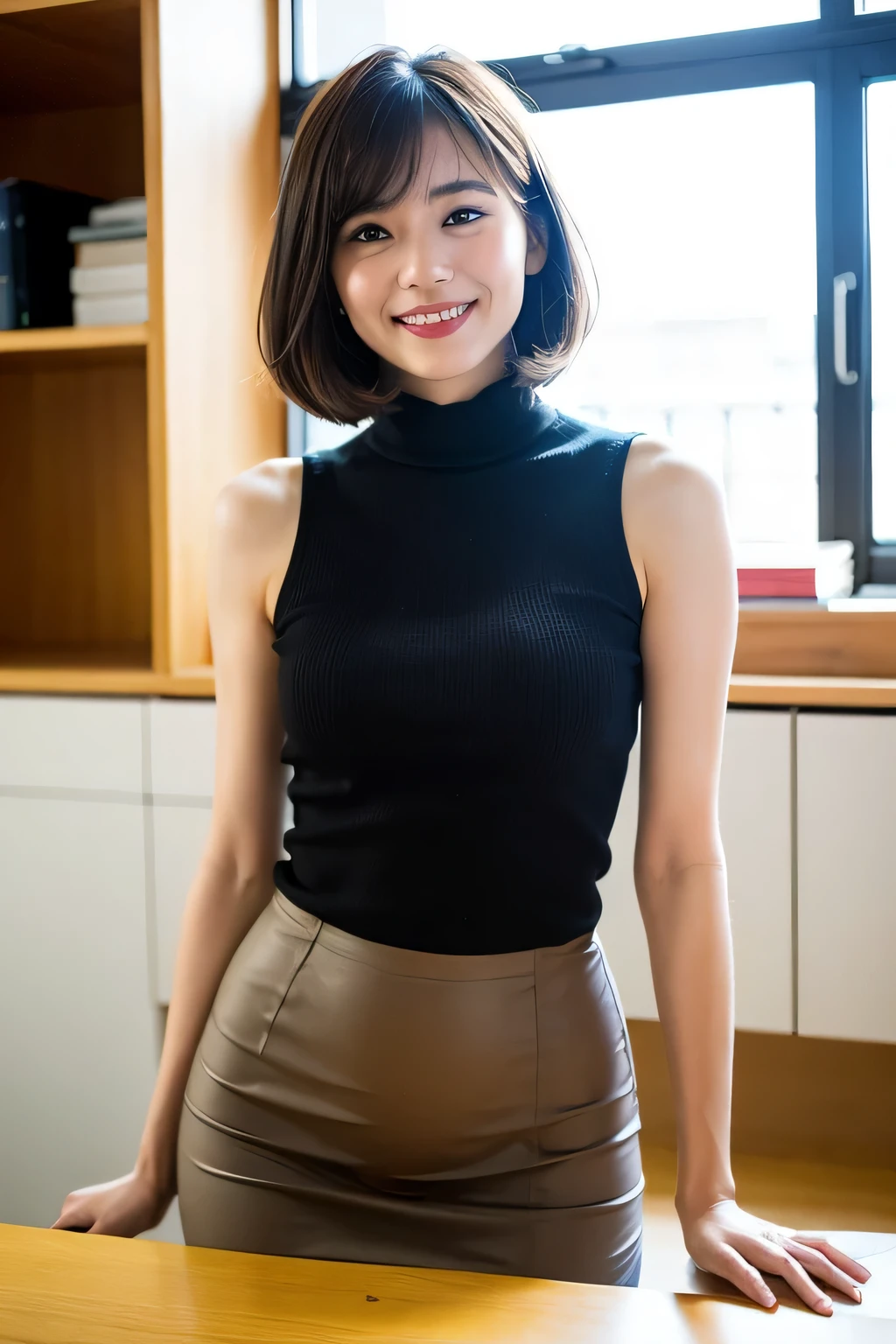 Top quality, masterpiece, High resolution, 1girl, Beautiful and perfect face, Bob layer cut, sleeveless turtleneck knit, mini skirt, clean underarms, intricate details, cinematic feel, 8K, very detailed, big, office, under desk, under desk, under desk, natural light, big breast bulge, smile, all fours, on all fours, upwards, Looking down, upright, crouching, employee ID, staff identity card, crawling on all fours, hiding under the desk,
