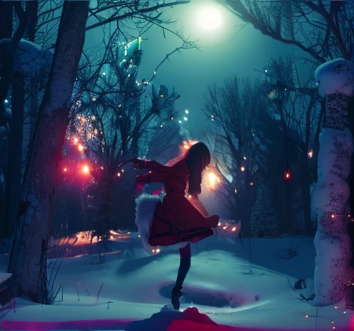 Winter Christmas, heavy snow, dancing in the snow, crowds gathered, sci-fi cyberpunk