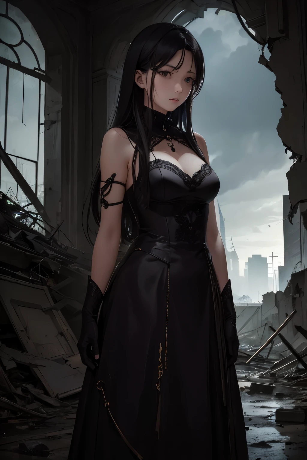((masuter piece、Best Quality))、A woman with sad eyes standing in the ruins、dark and apocalyptic world、zoomout