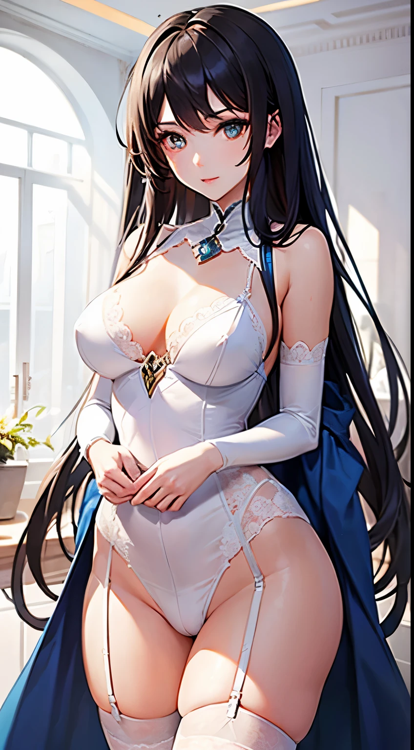 a A futuristic (delicate skin), godhra silk。beautiful epic work, A futuristic, tmasterpiece, Attractive,Detailed faces。Perfect body proportion。。a perfect face proportion。beautiful figure。Determined gaze, Pretty eyes white garter stockings。Wife