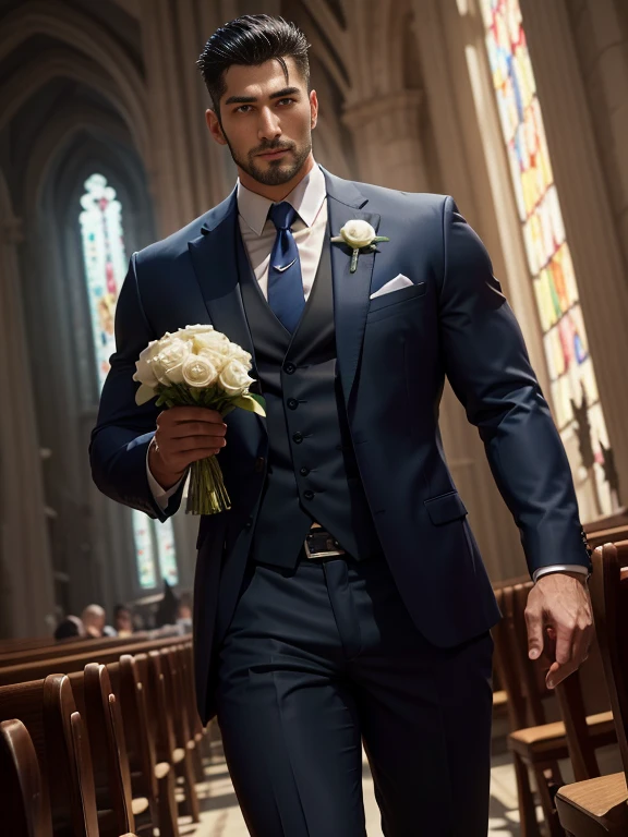k hd,8K分辨率,professional photoshooting,profesional lighting,two very attractive men,30 age old,Big handsome guy,sbeard,brush cut,(ssmile),Tall, cool and handsome,cool guy,A person holds a bouquet of blue roses in his hand,elegant suit,Impressive appearance,In a luxurious and modern cathedral,The church was full of people and it was a happy, Perfect and highlight moments of their lives.,HUltra cannon,细节delicated完美,best qualityer,delicated,highly detailed。超高分辨率,Complicated detailinely detailled,physically-based renderingt,Good balance,edge lit,tack sharp focus,photograph of-realistic,photorealistic art,HDR,realistic model