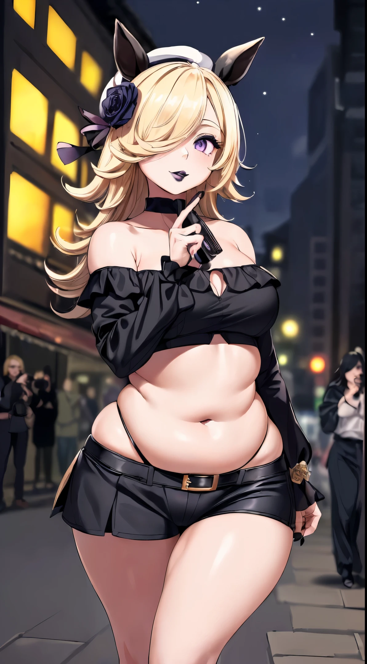 (Masterpiece, Best Quality, High Quality:1.4), (professional artwork, extremely detailed girl:1.0), 8k, detailed eyes, perfect face, 1girl, (voluptuous, mature female, plump, large lips:1.2), wide hips, thick thighs, cleavage, heavy makeup, top heavy, bursting breasts:1.4), (skindentation, long eyelashes, dark eyeshadow, close up, (black lipstick:1.2), smile, (blonde hair:1.2), r1cesh0wer, horse tail, horse girl, purple eyes, hair over one eye, hat flower, flaming eye, bare shoulders, crop top, short shorts, cameltoe, navel, on road, night city, crowd, (public), (photographer:1.2), foreground,