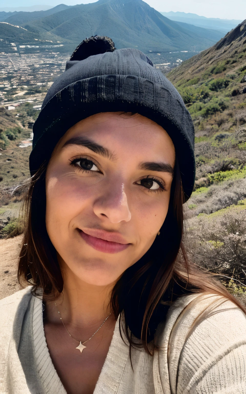 fotorrealista, La mejor calidad, hiper detallado, beautiful woman, Foto selfie, Parte superior del cuerpo, solamente, Uso de jersey, al aire libre, (Noche), Mountains, Naturaleza de la vida real, Estrellas, luna, (alegre, feliz), saco de dormir, Guantes, pullover, Beanie, linterna, bosque, Rocas, Kali, madera, humo, diente, cielo despejado, analog style, Mirando al espectador, textura de la piel, Film grain, cerrar, ultra-high-resolution, Mejor sombra, .RAW, instagram LUT