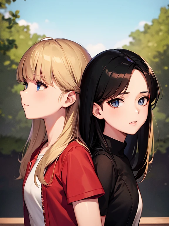 illustration two girlfriends twelve years old one has dark black hair and blue eyes the other has blonde and wavy hair and gray eyes 90s style camp half blood