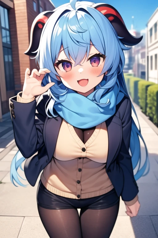 masterpiece, best quality, ^^^, :d, =3, = =, blush, breasts, 1girl, looking at viewer, :P, cute, scarf, jacket, outdoors, streets, blue hair, ganyurnd